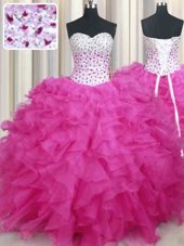 Organza Halter Top Sleeveless Lace Up Beading and Ruffles Sweet 16 Dresses in Hot Pink
