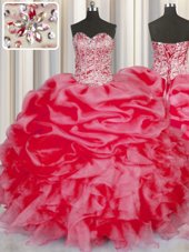 Charming Sweetheart Sleeveless Organza Quince Ball Gowns Beading and Ruffles and Pick Ups Lace Up