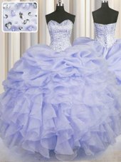 Lavender Ball Gowns Sweetheart Sleeveless Organza Floor Length Lace Up Beading and Ruffles Sweet 16 Dresses
