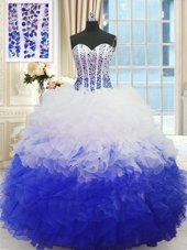 Comfortable Blue And White Sleeveless Organza Lace Up Sweet 16 Dresses for Military Ball and Sweet 16 and Quinceanera