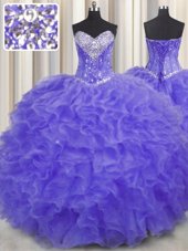 Sleeveless Floor Length Beading and Ruffles Lace Up Vestidos de Quinceanera with Lavender