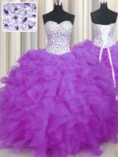 Lilac Ball Gowns Organza Sweetheart Sleeveless Beading and Ruffles Floor Length Lace Up 15th Birthday Dress