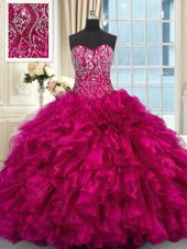 Exquisite Sleeveless Organza Brush Train Lace Up Quince Ball Gowns in Fuchsia for with Beading and Ruffles