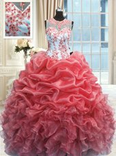 Fabulous Fuchsia Organza Lace Up Quinceanera Dresses Sleeveless Floor Length Beading and Ruffles