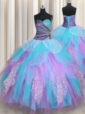 Sleeveless Tulle Floor Length Lace Up Quince Ball Gowns in Multi-color for with Beading and Ruching