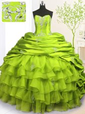 Olive Green Lace Up Sweet 16 Dresses Beading and Appliques and Ruffled Layers and Pick Ups Sleeveless With Brush Train