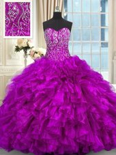New Style Sleeveless Organza Floor Length Lace Up 15th Birthday Dress in Aqua Blue for with Beading and Ruffles