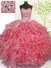 Exceptional Rose Pink Sweet 16 Dresses Military Ball and Sweet 16 and Quinceanera and For with Beading and Ruffles and Pick Ups Sweetheart Sleeveless Lace Up