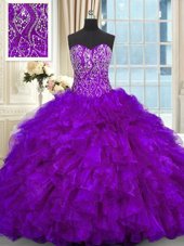 Simple Purple Organza Lace Up Quinceanera Gown Sleeveless Brush Train Beading and Ruffles