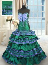 Spectacular Dark Green Taffeta Lace Up Sweetheart Sleeveless Sweet 16 Dress Brush Train Appliques and Embroidery and Ruffled Layers and Bowknot