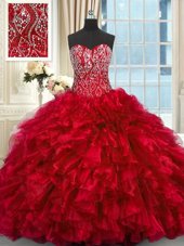 Perfect Sweetheart Sleeveless Brush Train Lace Up Quinceanera Gown Red Organza