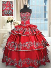 Red Sleeveless Floor Length Embroidery and Ruffled Layers Lace Up Sweet 16 Dresses