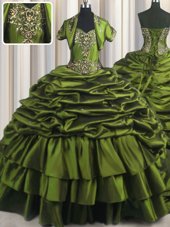 Most Popular Olive Green Ball Gowns Sweetheart Short Sleeves Taffeta With Brush Train Lace Up Ruffled Layers Quinceanera Dresses