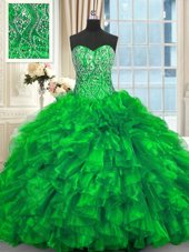 Custom Made Green Sleeveless Beading and Ruffles Lace Up 15 Quinceanera Dress