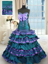 Peacock Green Quinceanera Dress Military Ball and Sweet 16 and Quinceanera and For with Appliques and Ruffled Layers and Bowknot Sweetheart Sleeveless Sweep Train Lace Up