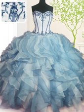 Purple Ball Gowns Sweetheart Sleeveless Organza Floor Length Lace Up Beading and Ruffles Ball Gown Prom Dress