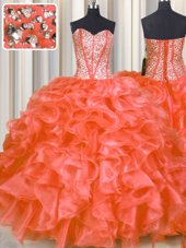 Pretty Red Ball Gowns Organza Sweetheart Sleeveless Beading and Ruffles Floor Length Lace Up Sweet 16 Dresses
