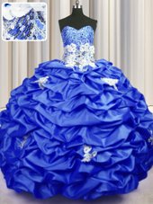 Royal Blue Taffeta Lace Up Sweetheart Sleeveless With Train 15th Birthday Dress Brush Train Appliques and Sequins and Pick Ups