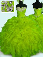 Smart Yellow Green Ball Gowns Beading and Ruffles Quince Ball Gowns Lace Up Organza Sleeveless Floor Length