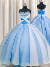 Latest Spaghetti Straps Baby Blue Chiffon Lace Up 15th Birthday Dress Sleeveless Floor Length Beading and Sequins and Ruching