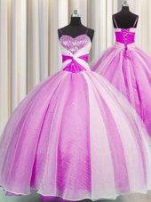 Colorful Organza Spaghetti Straps Sleeveless Lace Up Beading and Sequins and Ruching Sweet 16 Dress in Fuchsia