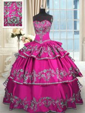 Delicate Floor Length Fuchsia Sweet 16 Quinceanera Dress Satin Sleeveless Embroidery and Ruffled Layers