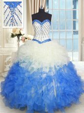 Halter Top Floor Length Lace Up Quinceanera Gown Coral Red and In for Military Ball and Sweet 16 and Quinceanera with Beading and Ruffles