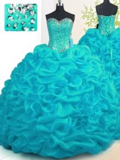 Aqua Blue Organza Lace Up Sweetheart Sleeveless With Train 15th Birthday Dress Brush Train Beading and Ruffles