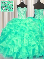 On Sale Turquoise Ball Gowns Organza Sweetheart Sleeveless Beading and Ruffles Floor Length Lace Up Sweet 16 Dress