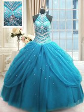 Baby Blue Sleeveless Floor Length Beading Lace Up Sweet 16 Dress
