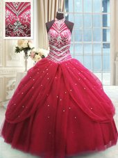 Red Ball Gowns Beading Quinceanera Gown Lace Up Tulle Sleeveless Floor Length