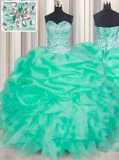 Sweet Sleeveless Floor Length Beading and Ruffles and Pick Ups Lace Up Quinceanera Gowns with Turquoise