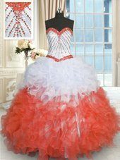 Lovely Sweetheart Sleeveless Lace Up Ball Gown Prom Dress White And Red Organza