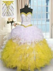 Sweetheart Sleeveless Quinceanera Gown Floor Length Beading and Ruffles Yellow And White Organza