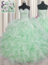 Organza Sweetheart Sleeveless Lace Up Beading and Ruffles 15th Birthday Dress in Apple Green