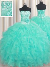 Handcrafted Flower Floor Length Aqua Blue Quinceanera Dresses Organza Sleeveless Beading and Ruffles and Hand Made Flower