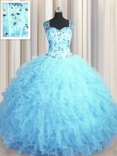 Modern See Through Zipper Up Square Sleeveless Tulle Quince Ball Gowns Beading and Ruffles Zipper
