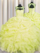 Comfortable Sleeveless Backless Floor Length Beading and Ruffles and Pick Ups Quinceanera Dress