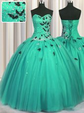 Stunning Turquoise Sleeveless Floor Length Beading and Appliques Lace Up Quinceanera Gown