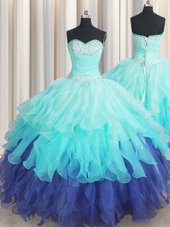 Decent Sweetheart Sleeveless Organza 15 Quinceanera Dress Beading and Ruffles and Ruffled Layers and Sequins Lace Up