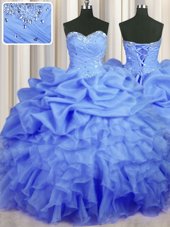 Fancy Blue Ball Gowns Beading and Ruffles and Ruching and Pick Ups 15th Birthday Dress Lace Up Organza Sleeveless Floor Length