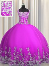 Pretty Purple Tulle Lace Up Straps Sleeveless Floor Length Quinceanera Gown Beading and Appliques
