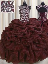 See Through Floor Length Burgundy Quinceanera Dress Scoop Sleeveless Lace Up