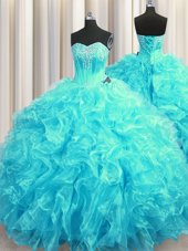 Aqua Blue Lace Up Sweetheart Beading and Ruffles Quinceanera Gowns Organza Sleeveless Brush Train
