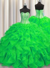 Cheap Visible Boning Sweetheart Sleeveless Organza Quinceanera Dresses Beading and Ruffles Brush Train Lace Up