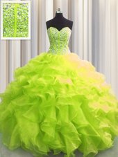 Super Visible Boning Sleeveless Beading and Ruffles Lace Up Quinceanera Gown