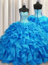 Visible Boning Coral Red Lace Up Sweetheart Beading and Ruffles Sweet 16 Quinceanera Dress Organza Sleeveless