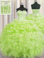 Sweet Visible Boning Sleeveless Floor Length Beading and Ruffles and Pick Ups Lace Up 15th Birthday Dress with Yellow Green