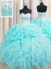 Dramatic Visible Boning Aqua Blue Quinceanera Gown Military Ball and Sweet 16 and Quinceanera and For with Beading and Ruffles and Pick Ups Sweetheart Sleeveless Lace Up