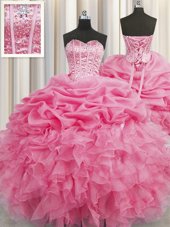 Visible Boning Rose Pink Sweetheart Neckline Beading and Ruffles and Pick Ups 15 Quinceanera Dress Sleeveless Lace Up